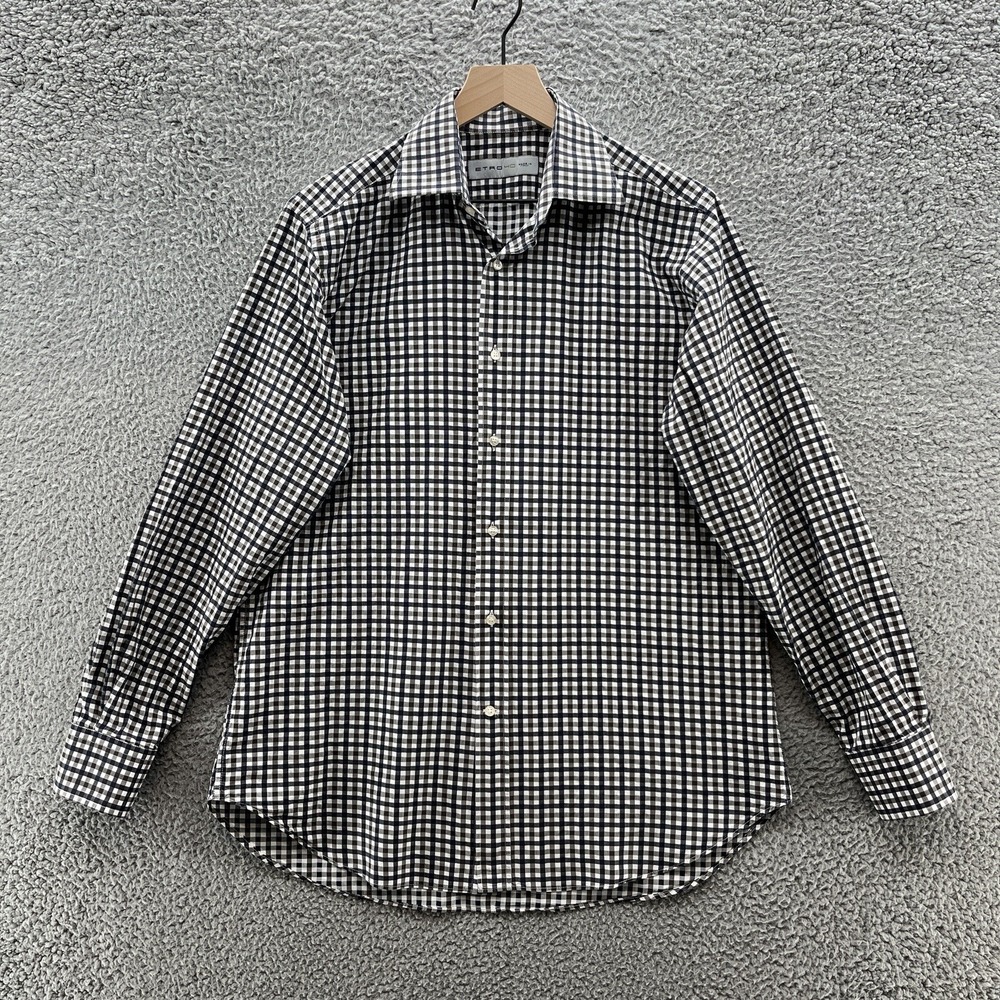 ETRO Shirt Men Large Blue Brown Check Lightweight Cotton Classic Italy Button Up